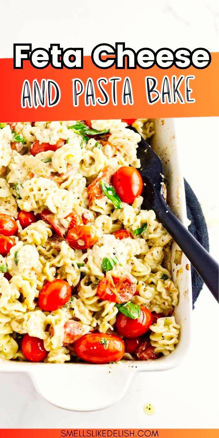 a casserole dish filled with pasta and tomatoes