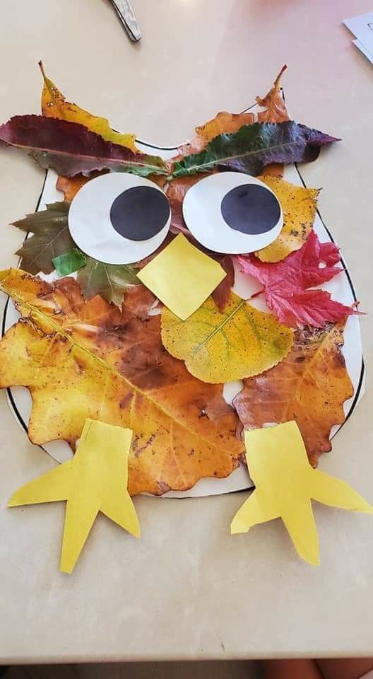 an owl made out of leaves on a plate with eyes and nose painted onto it