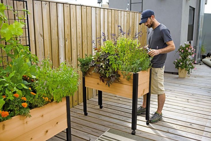 a man standing next to two wooden planters filled with flowers and plants on top of a wooden deck