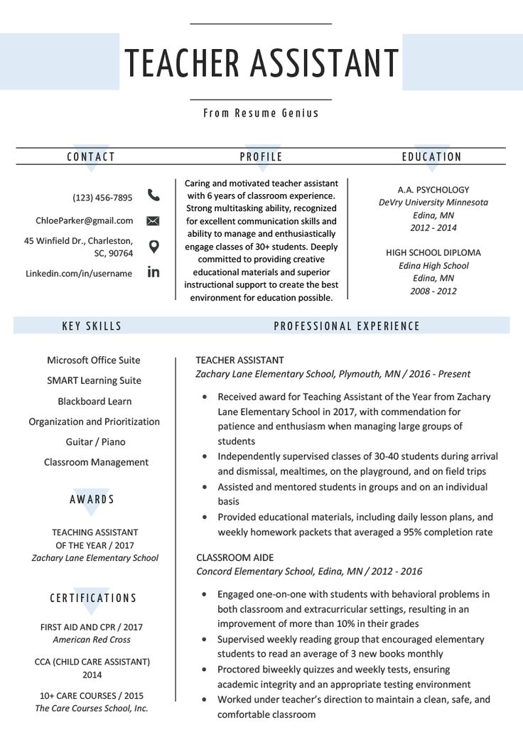 the teacher assistant resume is shown in blue and white, as well as an additional cover letter