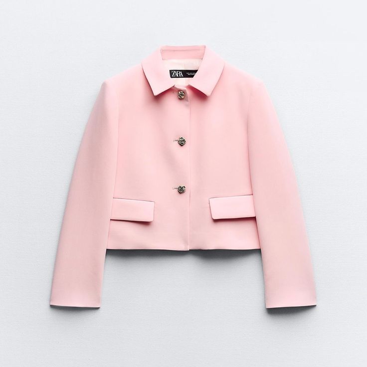 Blazer With Lapel Collar And Long Sleeves With Shoulder Pads. False Front Flap Pockets. Front Closure With Embossed Gold Buttons. Pink Pink Blazer Cropped, Classic Pink Winter Blazer, Classic Pink Outerwear For Work, Classic Pink Long Sleeve Outerwear, Classic Pink Single-breasted Outerwear, Zara Pink Single-breasted Blazer, Zara Pink Blazer For Fall, Pink Single Breasted Blazer For Spring, Feminine Pink Outerwear With Button Closure