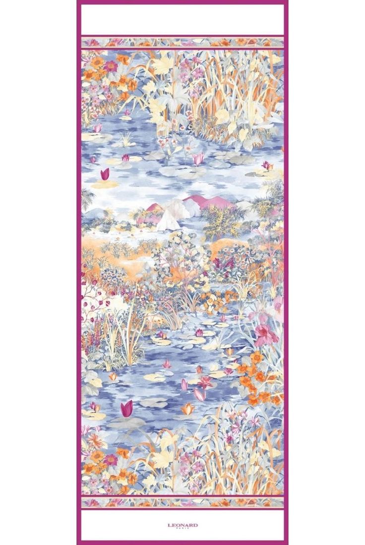 an image of a scarf with flowers and butterflies on it in blue, pink, orange and