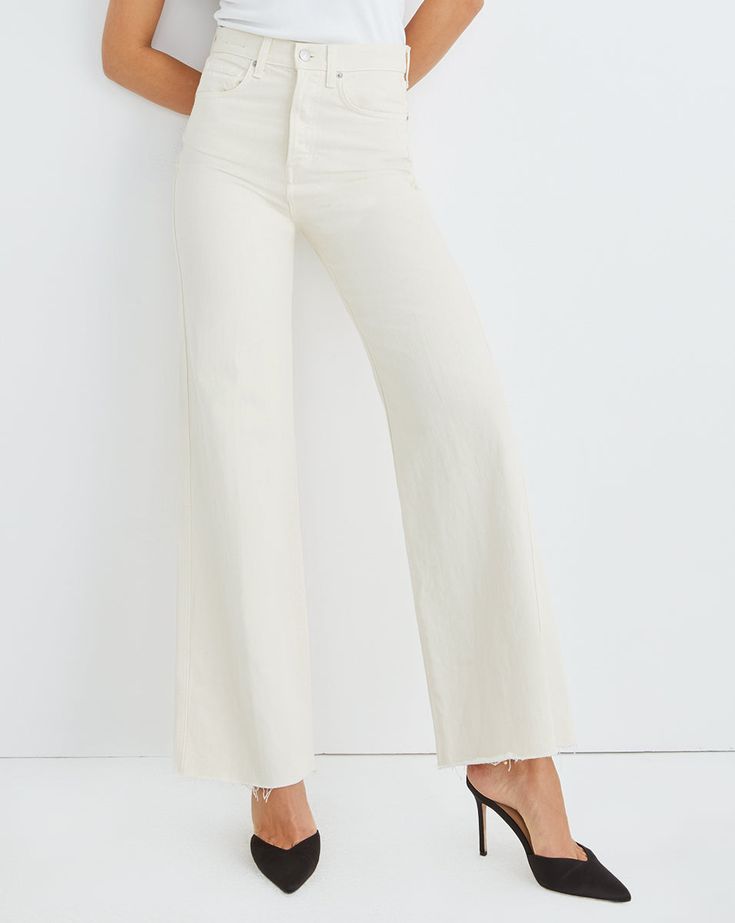 Updated in fresh ecru, the Taylor is a classic high-rise and wide-leg style in non-stretch denim. Flattering and always on-trend, this wear-forever jean also features a raw hem for a fashion-forward finish. Pair with everything from tonal silk blouses to plain white tees for a chic and easy look. Plain White Tees, Silk Blouses, Plain White Tee, Japanese Denim, La Fashion, Slim Straight Jeans, Veronica Beard, Plain White, High Rise Jeans