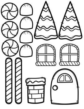 a black and white drawing of different types of candy canes, lollipops, candies