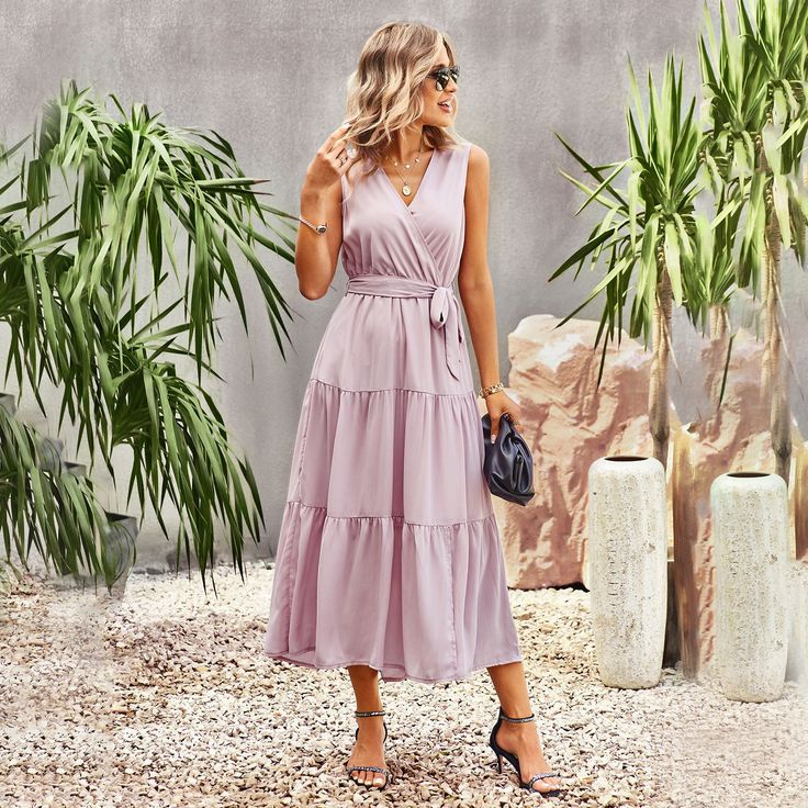 F00166302-302 Long Dress Design, Surplice Dress, Dress Sash, Ruffle Midi Dress, Long Dress Casual, Maxi Robes, Pink Maxi Dress, Spring Summer Dress, Casual Summer Dresses