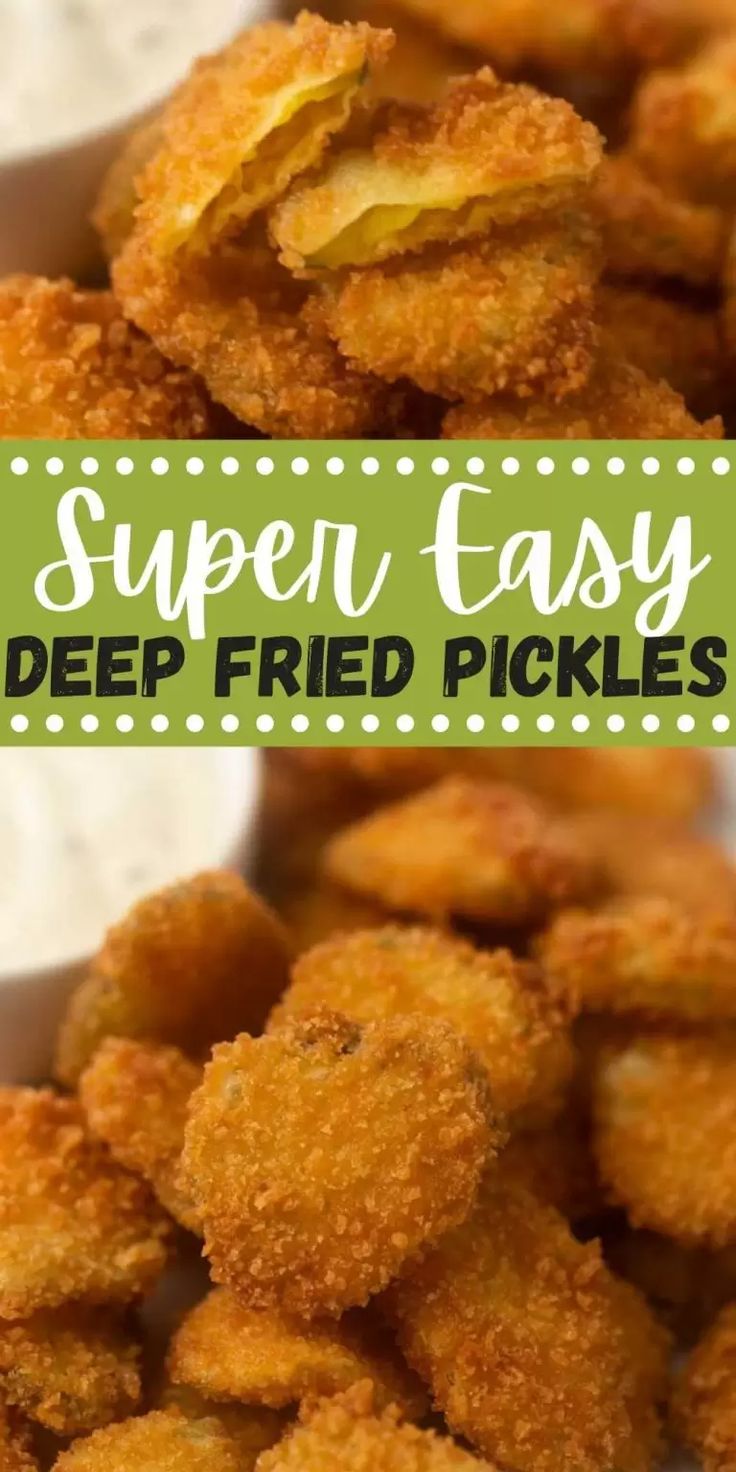 deep fried pickles in small white bowls with text overlay that reads super easy deep fried pickles