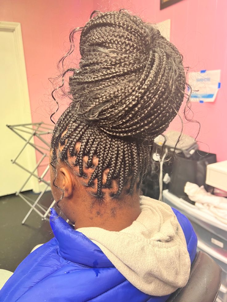 Knotless Braids In A Low Bun, Knotless Bun With Curls, Bohemian Knotless Braids In A Bun, Small Knotted Braids, Small Bohemian Knotless Braids Styles, Boho Knotless Braids In A Bun, Bohemian Knotless Braids Bun, Small Knotless Braids With Curly Ends And Color, Full Small Knotless Braids