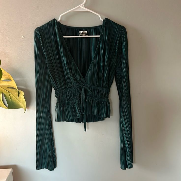 Nwot Emerald Green Silky Blouse. Never Worn. Fitted Green Top For Date Night, Green V-neck Top For Date Night, Fitted Green Blouse For Date Night, Urban Outfitters Long Sleeve Top For Brunch, Green Top For Date Night In Fall, Urban Outfitters V-neck Blouse For Fall, Green Urban Outfitters Top For Day Out, Urban Outfitters Long Sleeve Party Tops, Urban Outfitters Green Top For Day Out