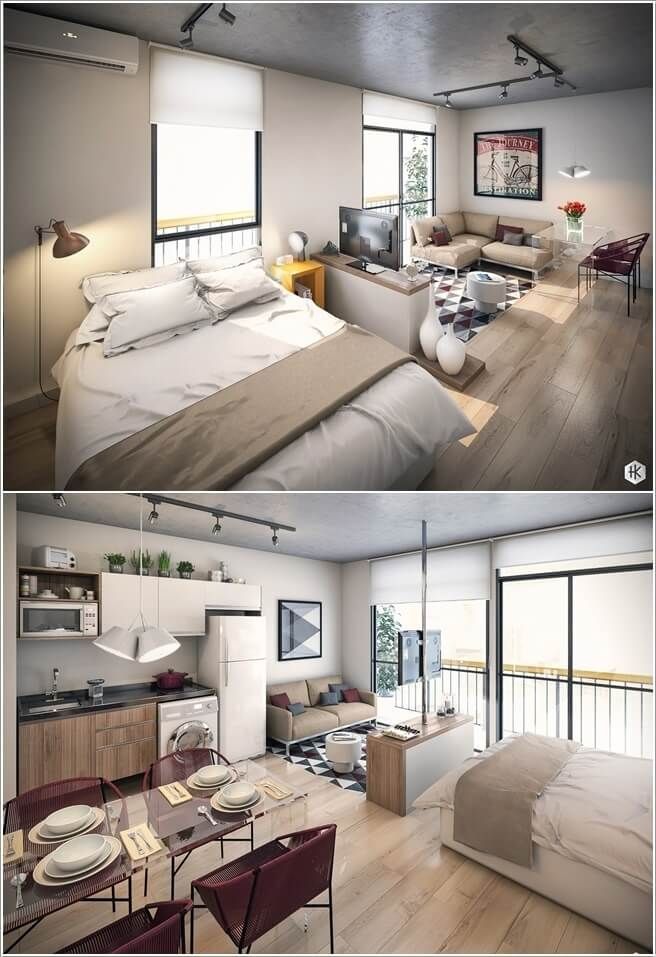 two pictures of a bedroom and living room in different stages of being furnished with furniture