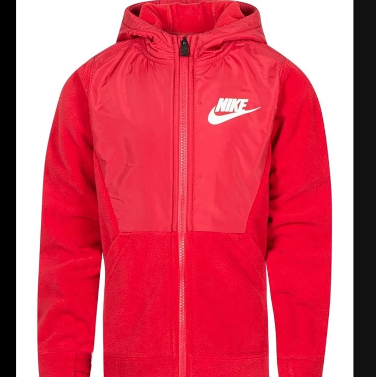 A Comfortable Zip Front Hoodie Features A Warm Fleece Design With A Logo Accent For Sporty Style. - Attached Fleece-Lined Hood - Funnel Neck - Long Sleeves - Front Zip Closure - Split Kangaroo Pockets - Woven Yoke And Hood - Chest Logo Print - Fleece Sleeves And Body - Imported Sporty Red Hooded Jacket With Long Sleeves, Red Athleisure Outerwear With Ribbed Cuffs, Red Sporty Long Sleeve Hooded Jacket, Red Hooded Track Jacket, Red Sportswear Hooded Jacket For Sports, Red Fleece Hooded Jacket With Adjustable Hood, Red Long Sleeve Sports Hooded Jacket, Red Long Sleeve Hooded Sports Jacket, Red Long Sleeve Hooded Jacket For Sports