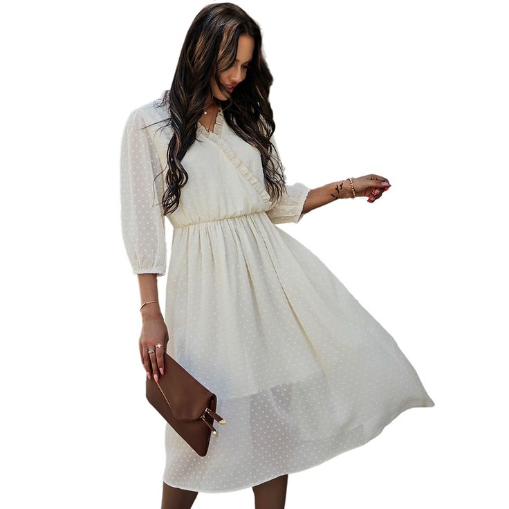 White V Neck 3/4 Sleeve Slim Waist Chiffon Dress Chiffon Long Sleeve Midi Dress For Daywear, Chiffon Midi Dress With Long Sleeves For Daywear, Flowy Beige Chiffon Midi Dress, Elegant Midi Length Chiffon Dress For Day Out, Chic Beige Chiffon Midi Dress, Chic Spring Chiffon Dress For Work, Chic Spring Workwear Chiffon Dress, Chic Spring Midi Dress With Half Sleeve, Chic Midi Dress With Half Sleeves For Spring