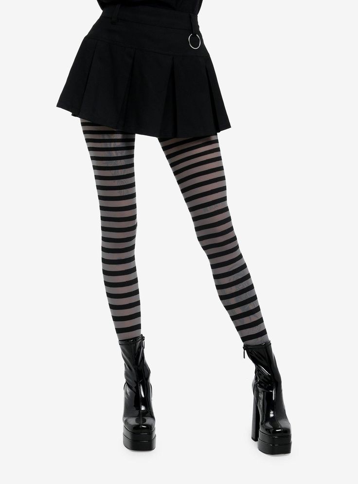 Effortlessly chic  these black and grey striped tights will elevate your everyday style!88% polyester; 12% spandexHand wash cold; drip dryImported Black And Grey Clothes, Striped Tights Outfit, Emo Tights, Grunge Tights, Pretty Tights, Goth Tights, Gothic Tights, Shorts And Tights, Stripe Tights