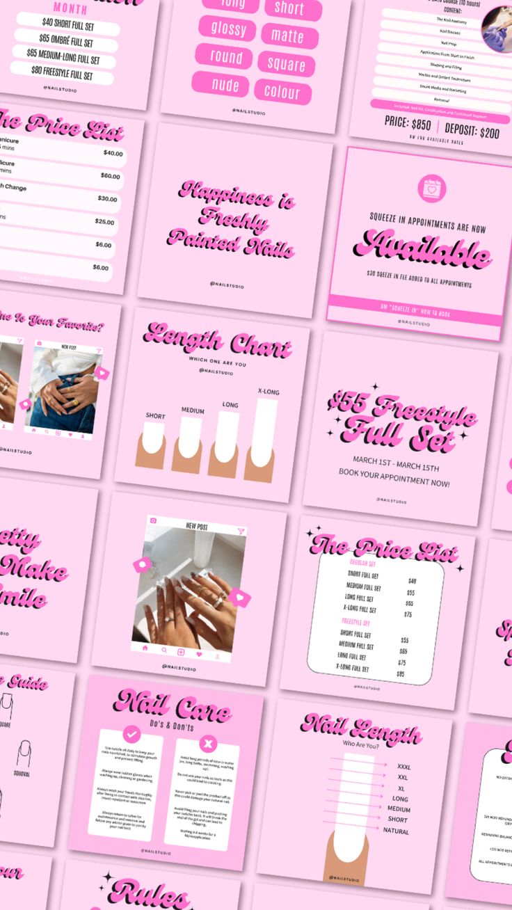 Nail Tech Instagram Posts Templates #nailtech Nail Tech Instagram Story Ideas, Beauty Template Design, Nail Tech Portfolio, Nail Tech Bio Ideas Insta, Press On Nail Price List, Nail Tech Booking Site, Nail Tech Templates, Nail Social Media Posts, Nail Tech Instagram Highlights