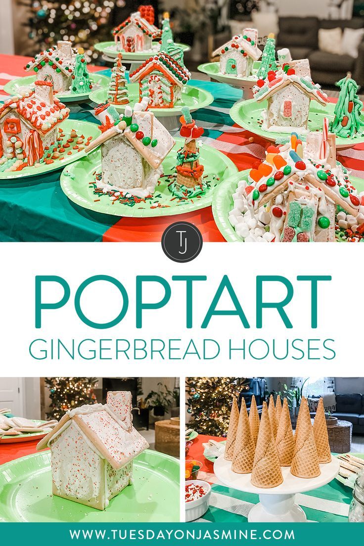 Gingerbread houses made out of Poptarts using red and green candy, ice cream cones, red white and green icing, with a Christmas tree in the background Pre Made Gingerbread Houses, Easy Homemade Gingerbread House, Easy Gingerbread Houses For Kids To Make, Pop Tart House Christmas, Ginger Bread House Candy List, Non Gingerbread House Ideas, Pop Tart Gingerbread House Christmas, Gingerbread House Kits Diy, Gingerbread House Easy Kids