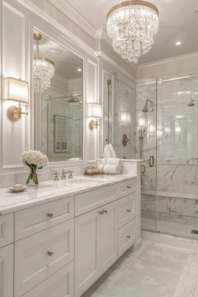 a large bathroom with marble counter tops and white cabinets, along with a chandelier