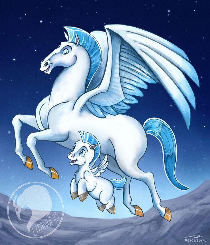 two white horses with blue wings flying in the sky at night, one is riding on its hind legs