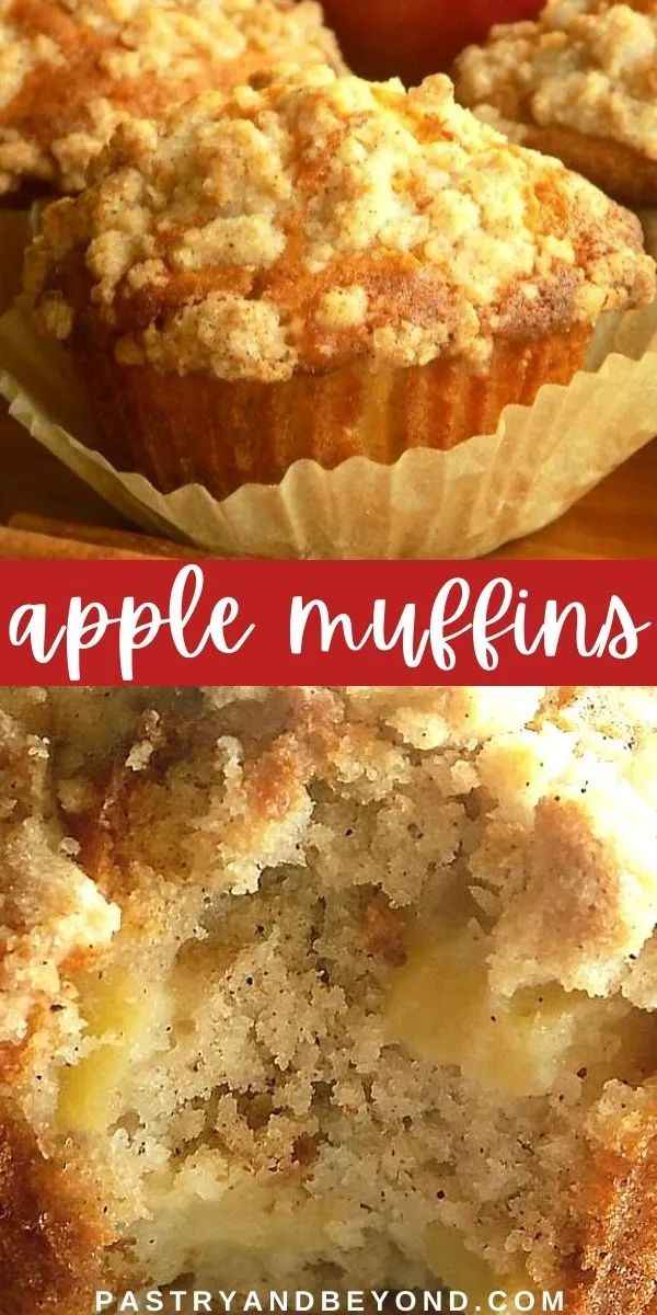 apple muffins cut in half and stacked on top of each other with text overlay