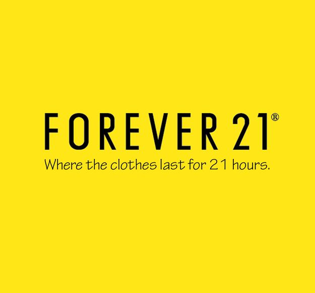 the logo for forever 21 is shown in black on a yellow background, and it says forever