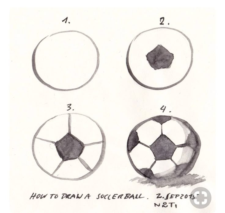 four different types of soccer balls drawn in pencil