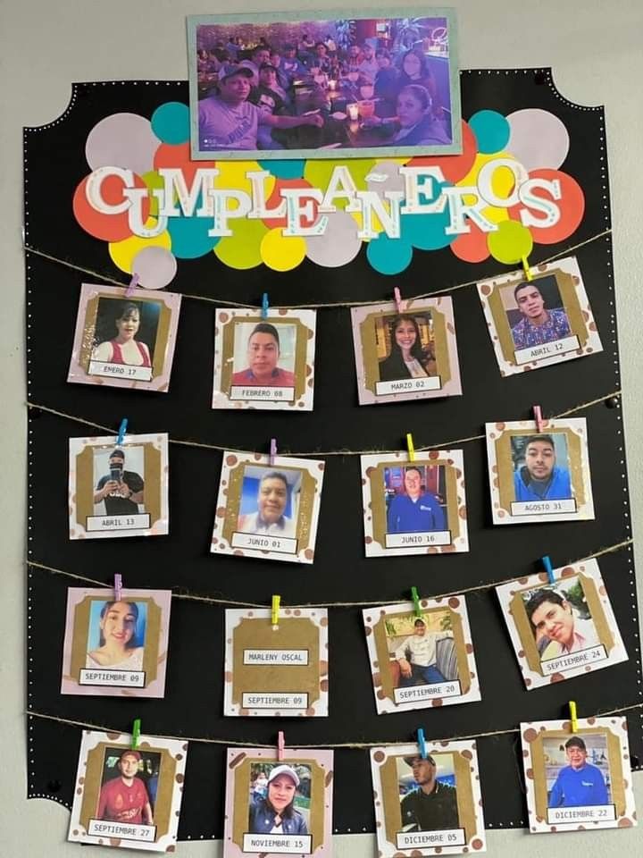 a bulletin board with pictures on it that says cumplaleros and the words cumplaleros