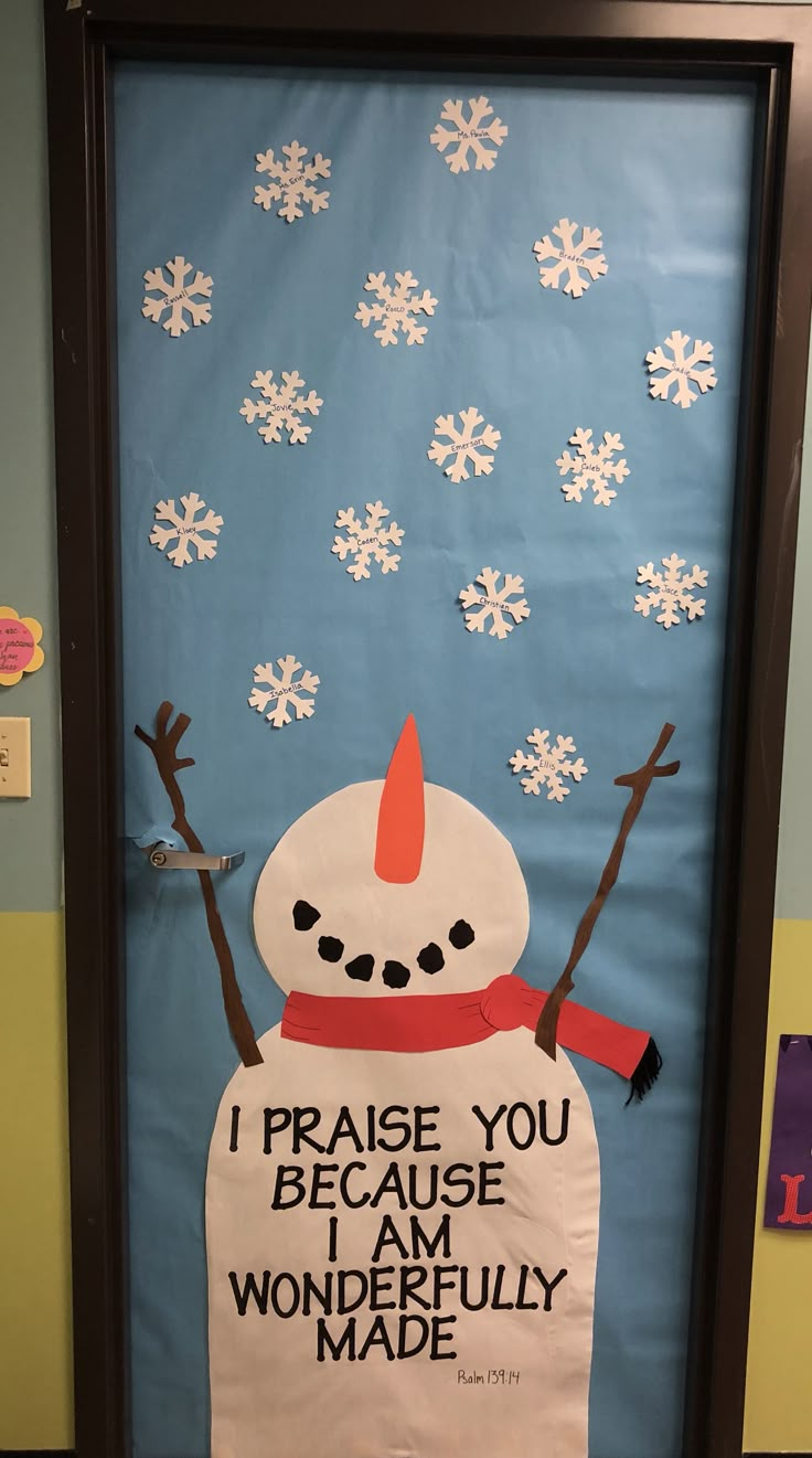 a bulletin board with a snowman saying i praise you because i am wonderfully made