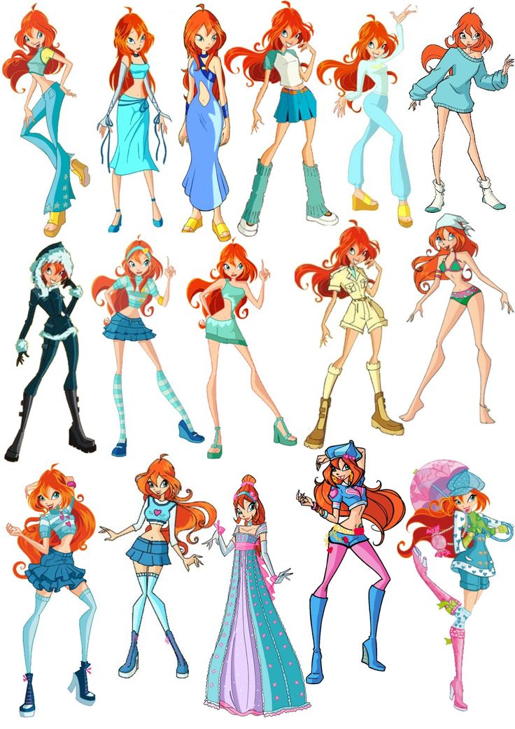 some cartoon characters with different outfits and hair colors, all dressed up in various styles