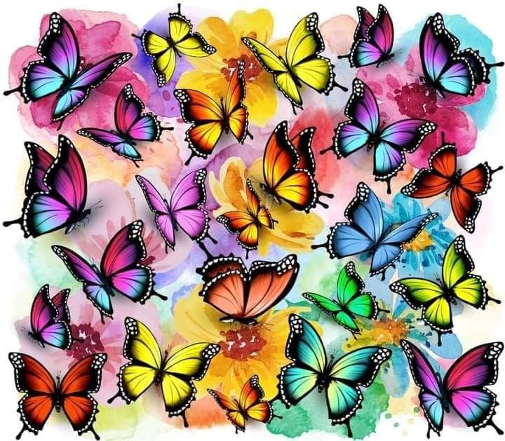 many colorful butterflies flying in the air with watercolor paint splashes on it's surface