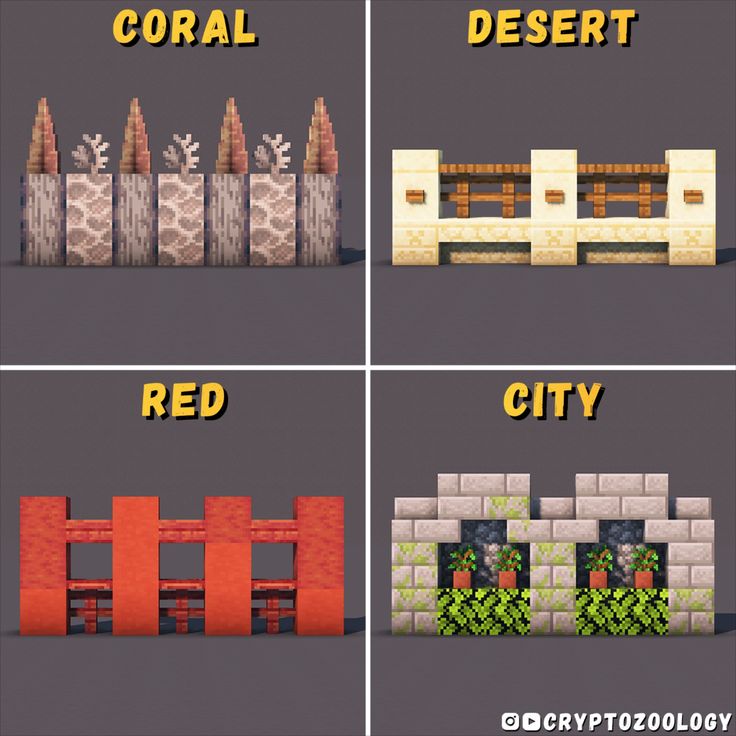 four different types of fences with the words coral, desert and red city on them