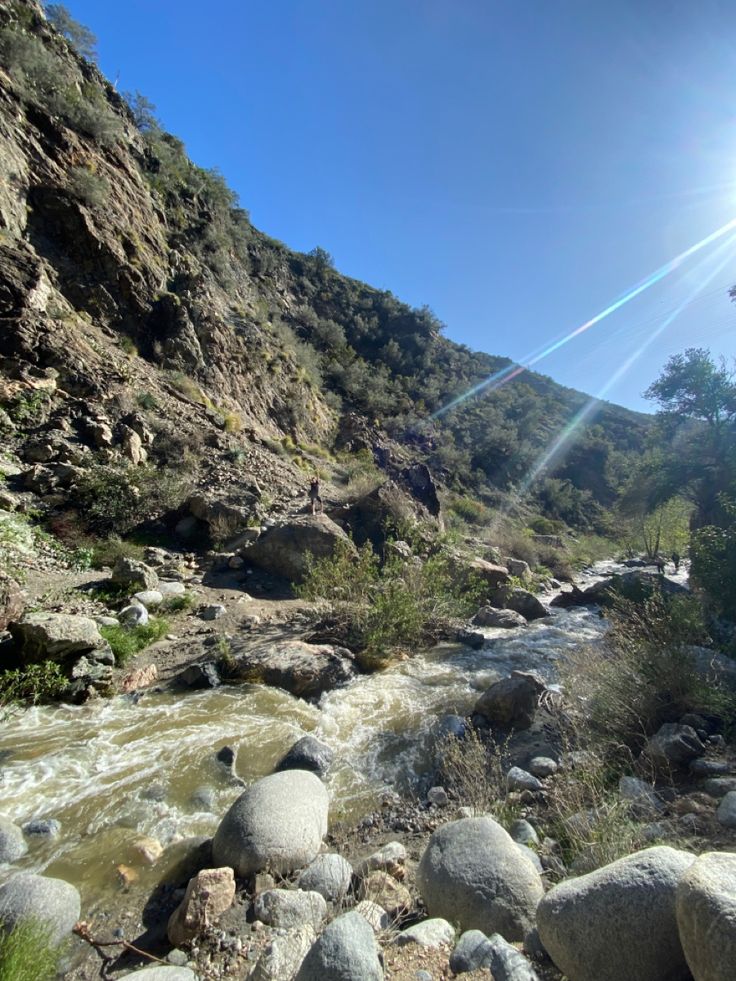 the sun shines brightly over a mountain stream