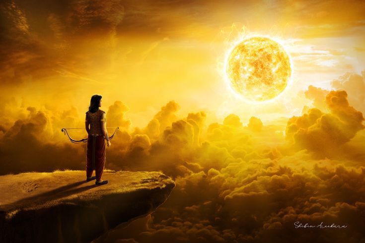 a woman standing on top of a cliff in front of a giant sun above clouds