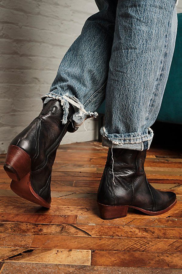 Stand out in these patent leather ankle boots in a western-inspired silhouette featuring a stacked heel and pointed toe.* Washed leather outsole* Wide shaft* Pull-on style Western Ankle Boots Outfit, Black Western Boots Outfit, White Western Boots Outfit, Western Boot Outfit, Western Boots Outfit, Black Western Boots, Winter Boots Outfits, Boots Outfit Ankle, Western Ankle Boots