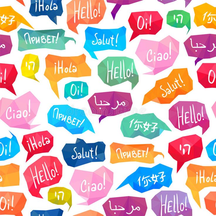 many different colored speech bubbles with the words hello in various languages on one side and an orange, red, yellow, green, blue, pink, purple, and white background