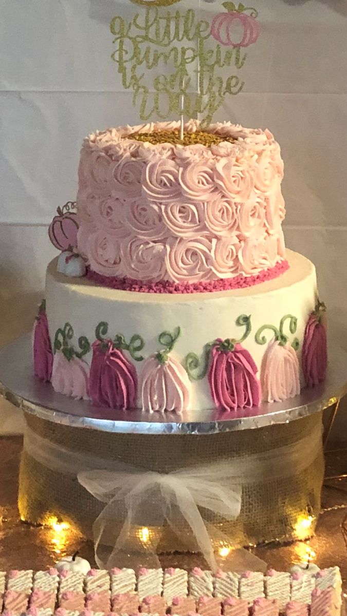 a three tiered cake sitting on top of a table next to a sign that says happy birthday