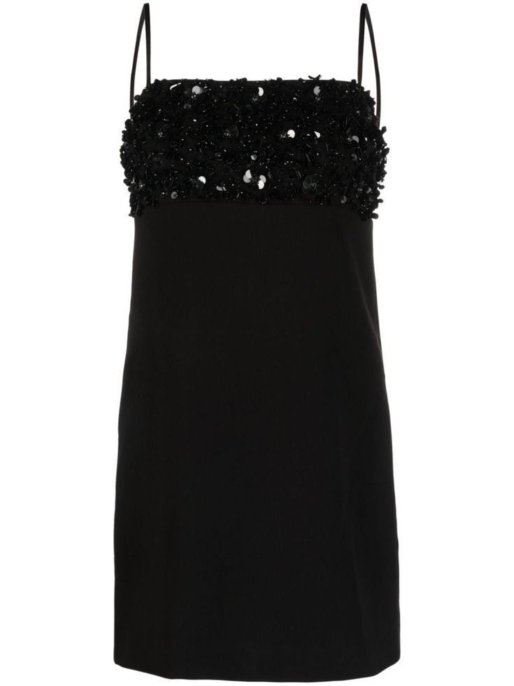 black sequin embellishment floral detail square neck concealed rear zip fastening spaghetti straps thigh-length Summer Black Embellished Mini Dress, Black Embellished Evening Mini Dress, Luxury Black Mini Sequin Dress, Luxury Black Sequined Mini Dress, Black Dress Farfetch, Black Sequins, Night Outfits, Cocktail Dress Party, Date Night Outfit