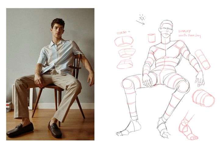 a man sitting on top of a chair next to a drawing of his legs and feet