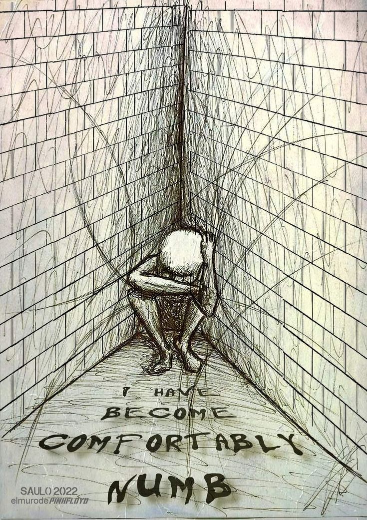 a drawing of a man squatting in a corner with words written on the wall