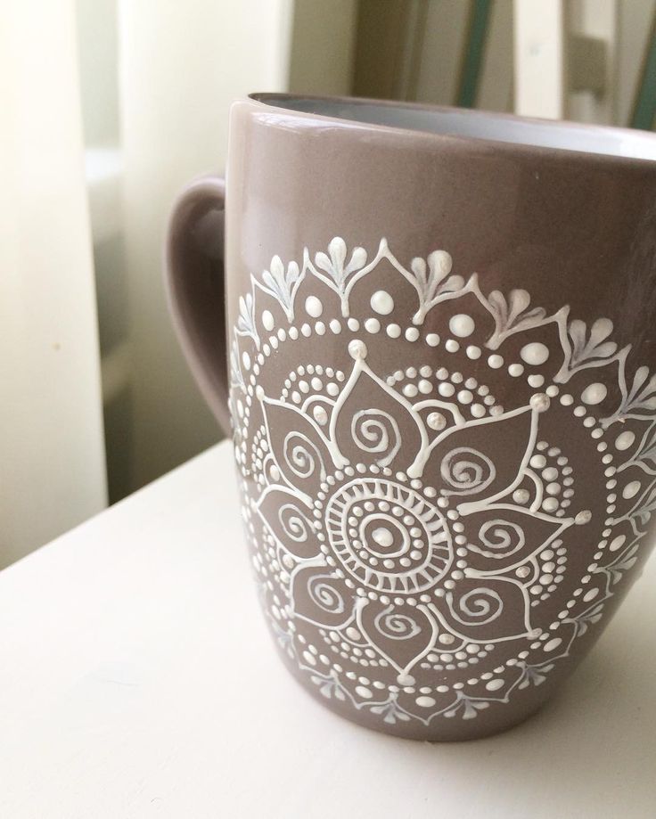 a brown and white coffee cup sitting on top of a table