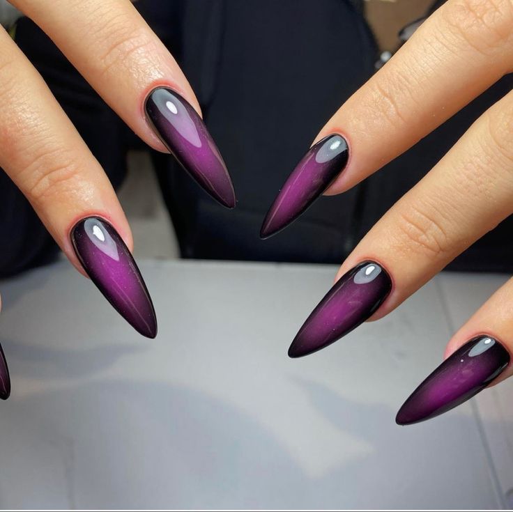 Purple Stiletto Nails, Opalescent Sapphire, Black And Purple Nails, Golden Morning, Vampire Nails, Dark Purple Nails, Molde F1, Purple Ombre Nails, Witchy Nails