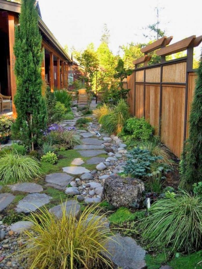 a garden with rocks, grass and plants next to a wooden fenced in area