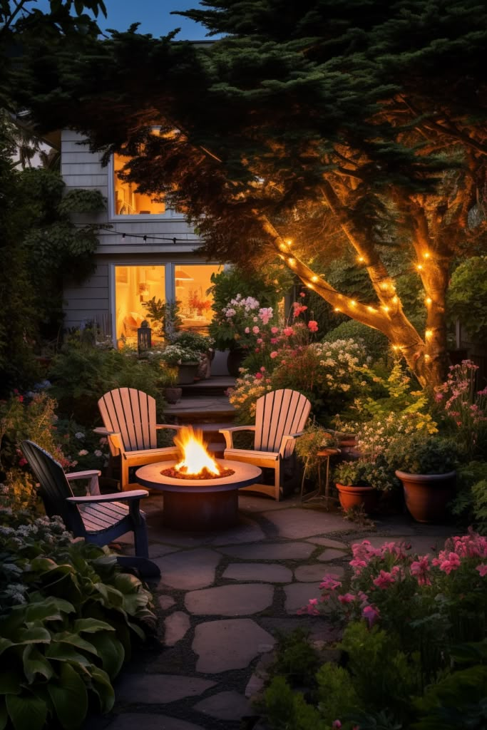 an outdoor fire pit surrounded by flowers and trees with lights on the side of it