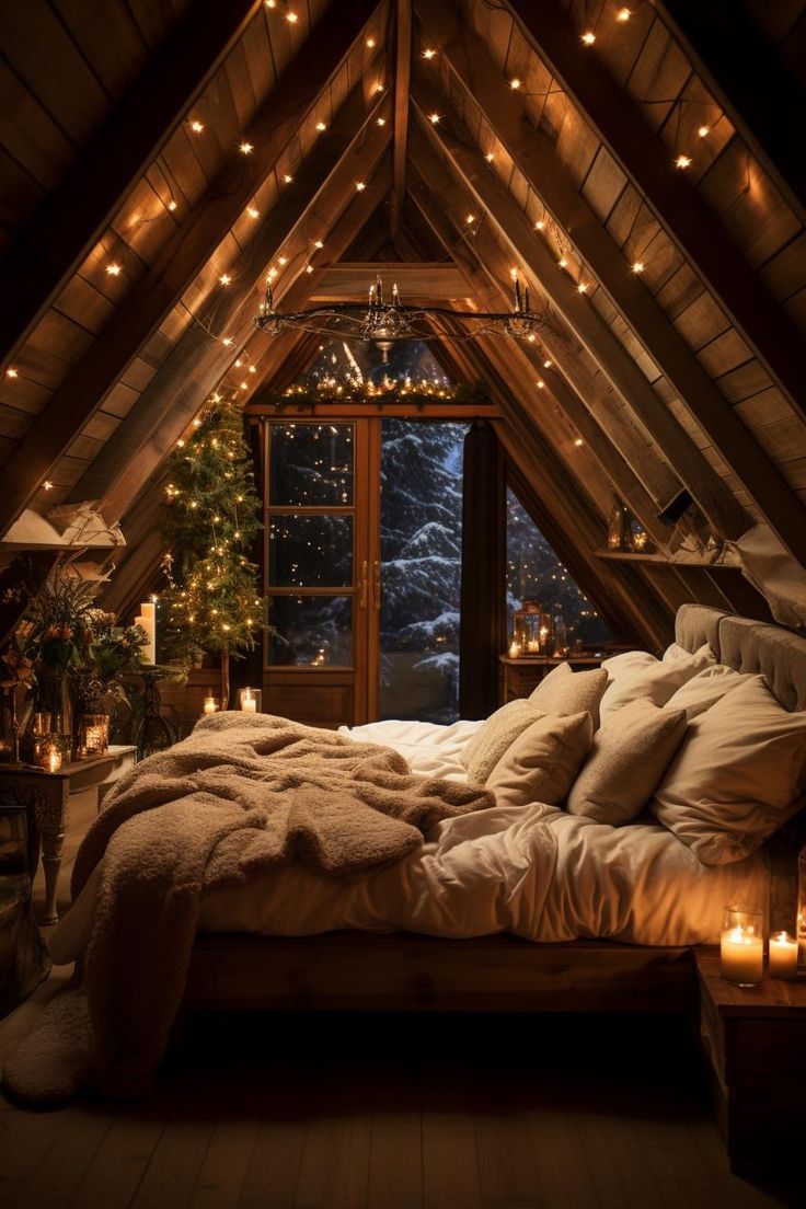 an attic bedroom decorated for christmas with lights