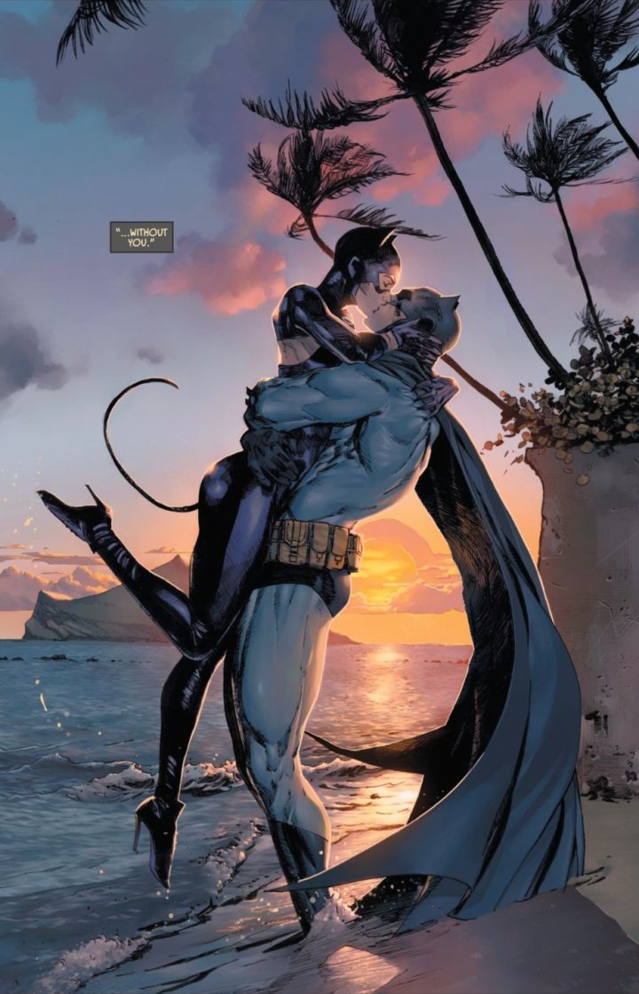 a painting of a catwoman hugging a man on the beach