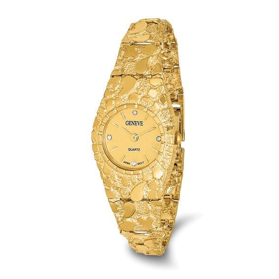 This eye-catching 10k Yellow Gold Ladies Circular Dial Face Nugget Watch is the perfect addition to any look. Featuring a champagne 22mm dial face and an adjustable fold-over catch, this timepiece is sure to make a statement. With an average weight of 18.40 grams and a Quartz battery operated movement, this watch is reliable and easy to use. Yellow Watches, Fancy Watches, Gold Watches, Gold Champagne, Gold Nugget, Bow Jewelry, Gold Case, Jewelry Companies, Champagne Gold