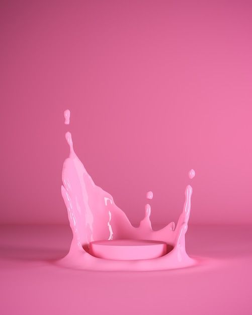 a pink liquid splashing on top of a white plate in front of a pink background