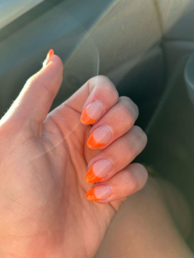 Almond Shape Orange French Tip, Cute Orange French Tip Nails, Bright Orange French Tip Nails, Orange Tip Nails, Basic Fall Nails, Orange French Tips, Nails With Orange, Orange French Tip, Homecoming Flowers