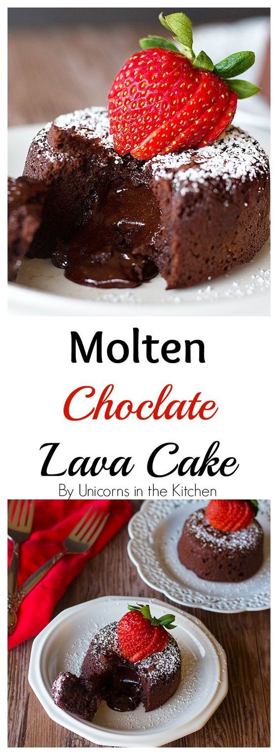 chocolate lava cake with strawberries on top and the title reads molten chocolate lava cake