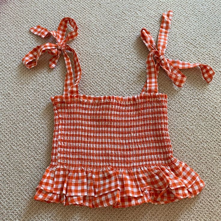 Runs Small | Nwot | Cute Summery Smocked Top | Tag Says M But Fits S And Xs | Summer Gingham Top With Smocked Back, Casual Sleeveless Smocked Top With Tie Straps, Cute Smocked Top For Spring Vacation, Sleeveless Smocked Top For Brunch, Sleeveless Tops With Smocked Bodice For Picnic, Summer Picnic Top With Smocked Bodice, Summer Cotton Smocked Top, Summer Smocked Bodice Top For Picnic, Summer Smocked Top For Picnics