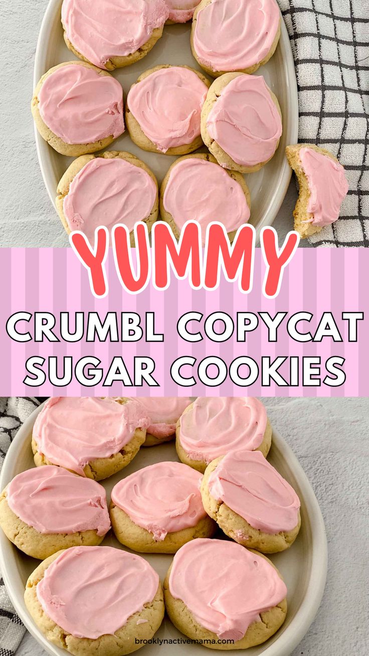 a white plate topped with cookies covered in pink frosting next to a pile of cookies