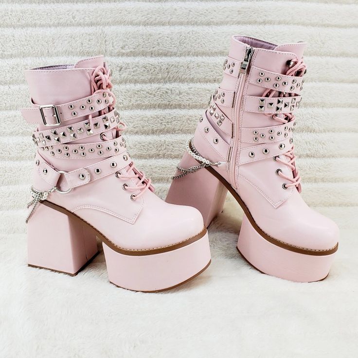 New In Box Lace Up Ankle Boots With Studded Straps 5" Chunky Heel With A 2.75" Platform Removable Drape Chain Faux Fur Lining Cute Platform Shoes, Goth Shoes, Pink Boots, Platform Block Heels, Block Heel Ankle Boots, Girly Shoes, Heel Ankle Boots, Cute Boots, Chunky Block Heels