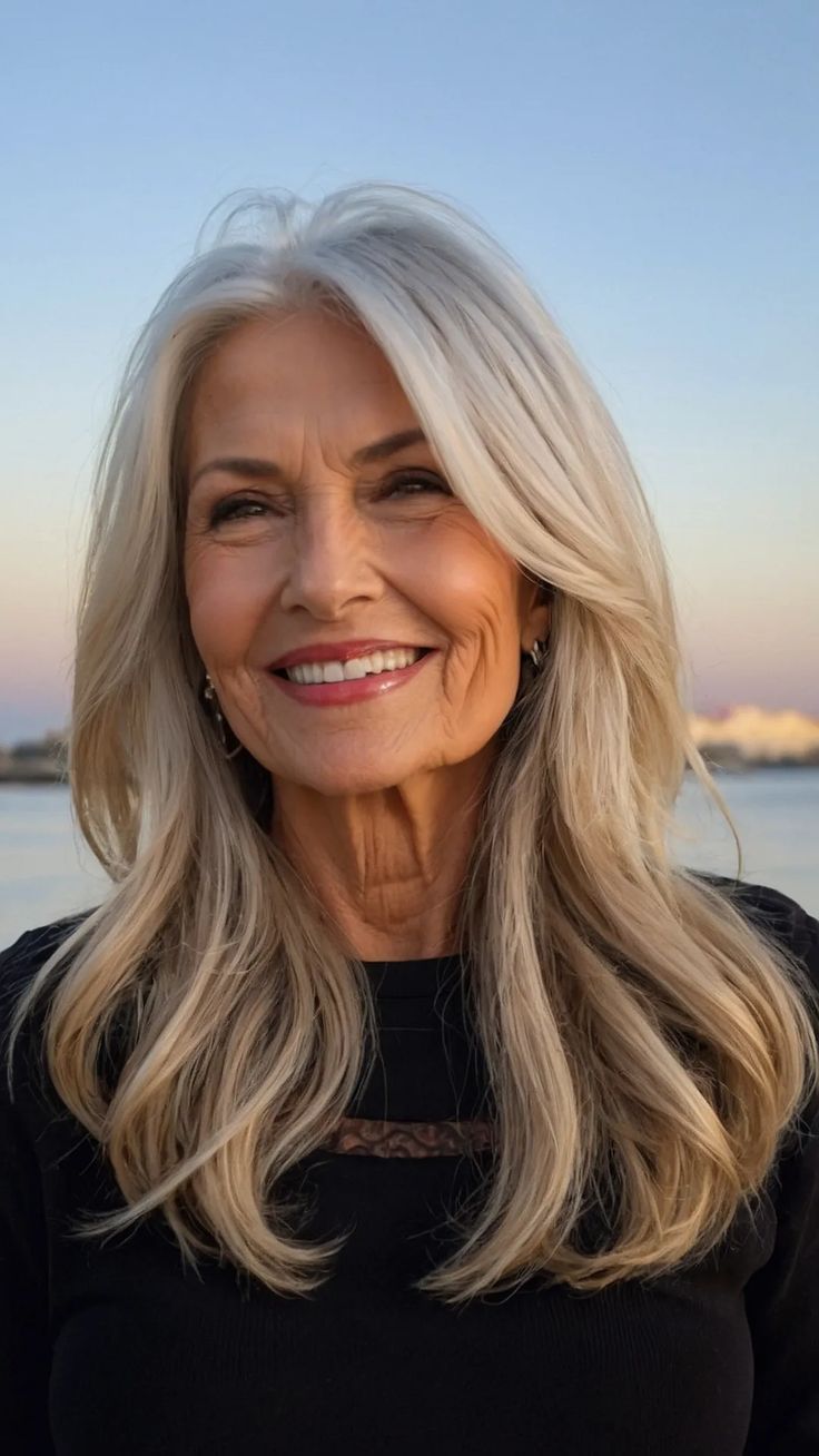 Fabulous Layers: 15 Hairstyles for Women Over 50 to Try in 2024 - Inspire Inlet Haircuts For Collarbone Length Hair, Wash And Go Hairstyles For Straight Hair, Blonde Hair In Your 40s, Long Blonde Hair Styles For Women Over 50, Longer Length Hair With Layers, Long Layered Hair Over 50, Long Layered Straight Haircuts, Long Hair With Bangs Over 50, Long Bangs Side Part